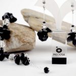 bransoletka i kolczyki z czarnych kryształków octagonów z okrągłym kryształkiem srebrnym